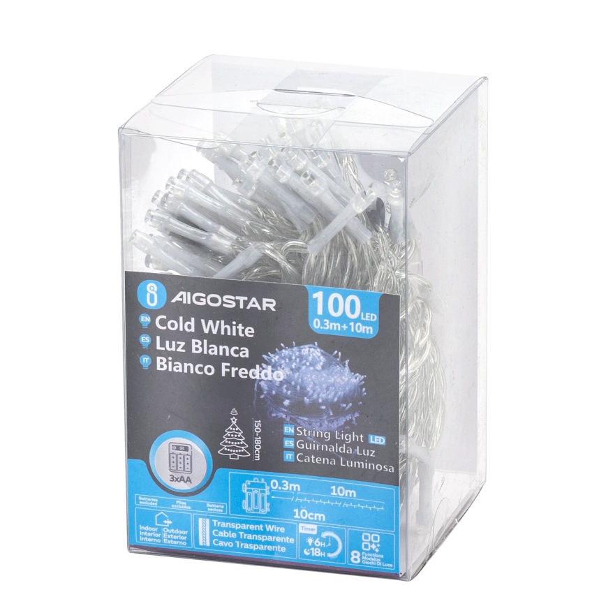 Aigostar - LED julkedja för utomhusbruk 100xLED/8 funktioner 10,3m IP44 kall vit