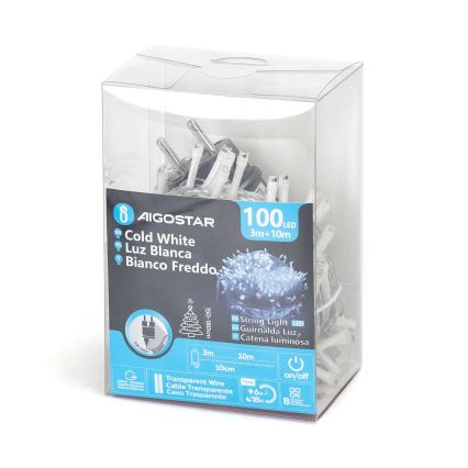 Aigostar - LED julkedja för utomhusbruk 100xLED/8 funktioner 13m IP44 kall vit