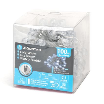 Aigostar - LED julkedja för utomhusbruk 100xLED/8 funktioner 13m IP44 kall vit