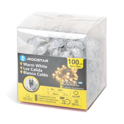 Aigostar - LED julkedja för utomhusbruk 100xLED/8 funktioner 13m IP44 varm vit