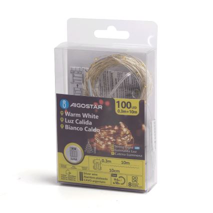 Aigostar -LED julkedja för utomhusbruk 100xLED/8 funktioner 3xAA 10,3m IP44 varm vit