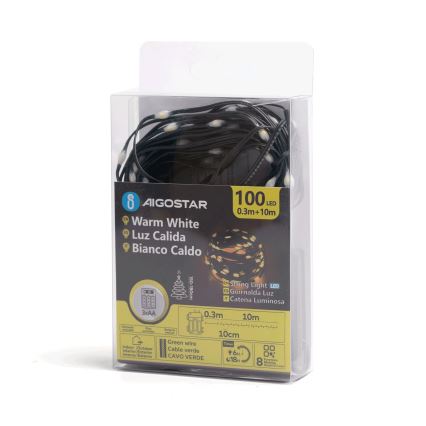 Aigostar - LED julkedja för utomhusbruk 100xLED/8 funktioner 3xAA 10,3m IP44 varm vit