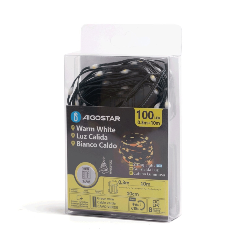 Aigostar - LED julkedja för utomhusbruk 100xLED/8 funktioner 3xAA 10,3m IP44 varm vit