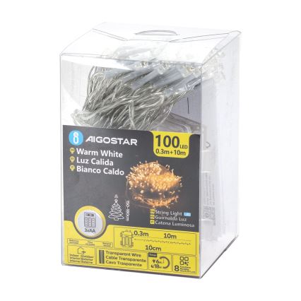 Aigostar -LED julkedja för utomhusbruk 100xLED/8 funktioner 3xAA 10,3m IP44 varm vit