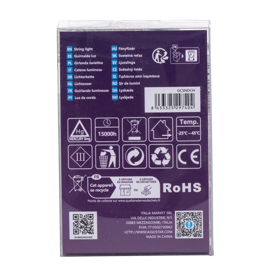 Aigostar -LED julkedja för utomhusbruk 100xLED/8 funktioner 3xAA 10,3m IP44 varm vit
