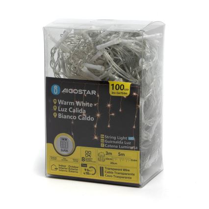 Aigostar-LED julkedja för utomhusbruk 100xLED/8 funktioner 3xAA 8x0,6m IP44 varm vit