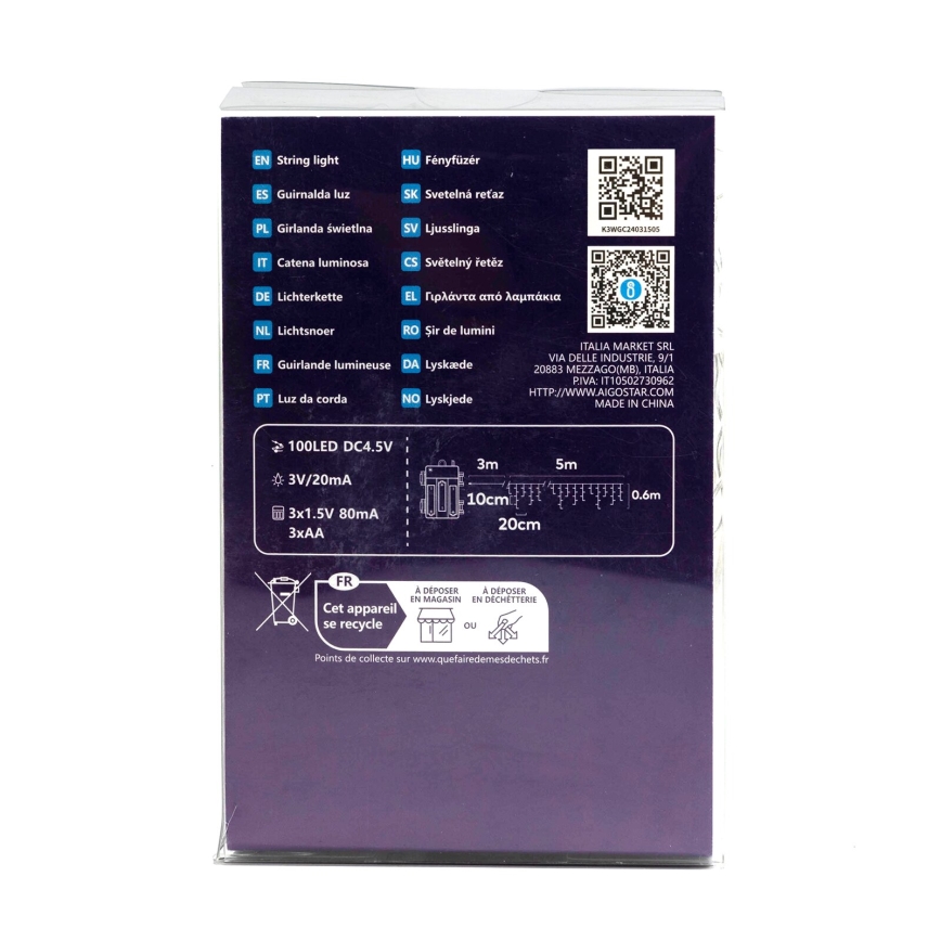 Aigostar-LED julkedja för utomhusbruk 100xLED/8 funktioner 3xAA 8x0,6m IP44 varm vit