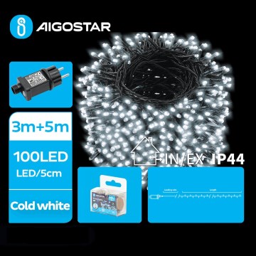 Aigostar - LED julkedja för utomhusbruk 100xLED/8 funktioner 8m IP44 kall vit