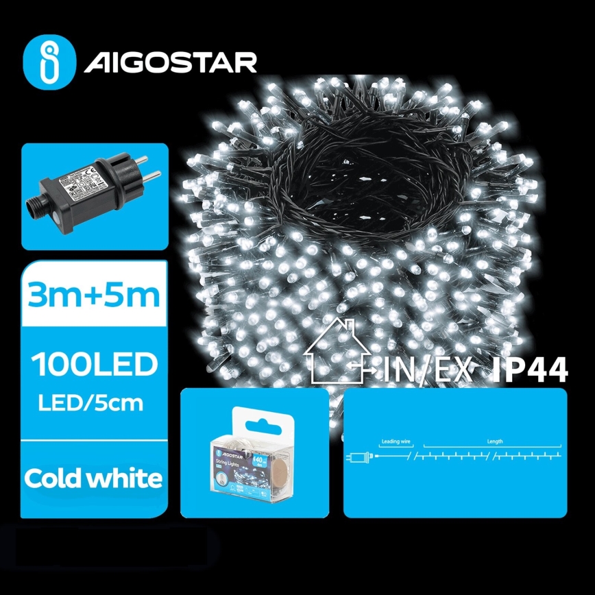 Aigostar - LED julkedja för utomhusbruk 100xLED/8 funktioner 8m IP44 kall vit