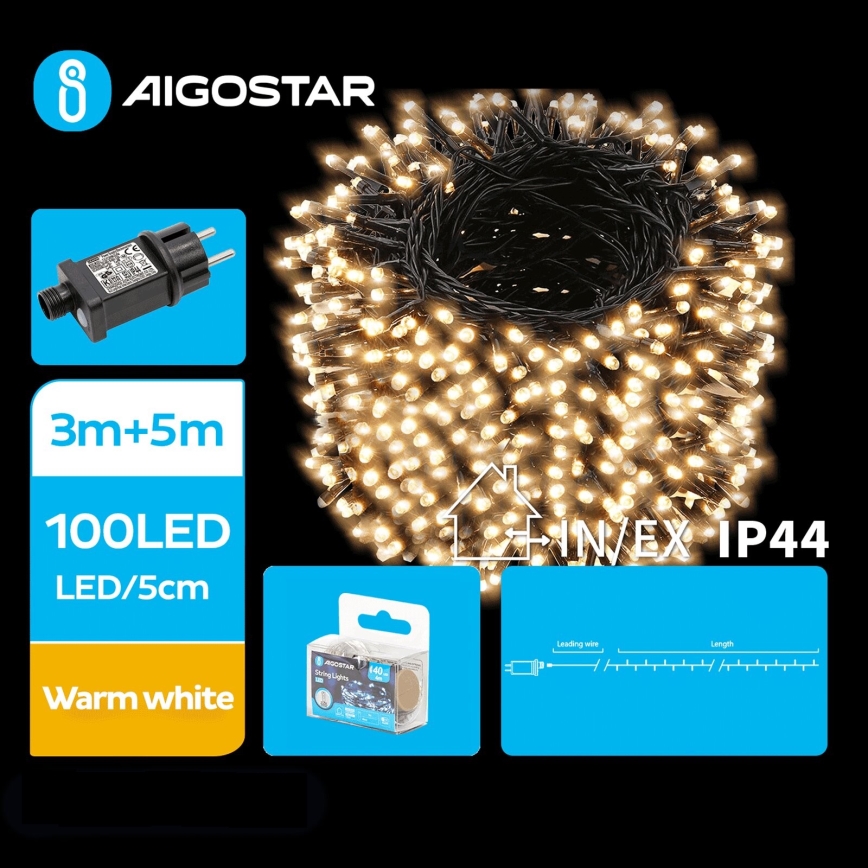 Aigostar - LED julkedja för utomhusbruk 100xLED/8 funktioner 8m IP44 varm vit