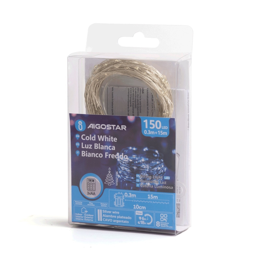 Aigostar - LED julkedja för utomhusbruk 150xLED/8 funktioner 15,3m IP44 kall vit