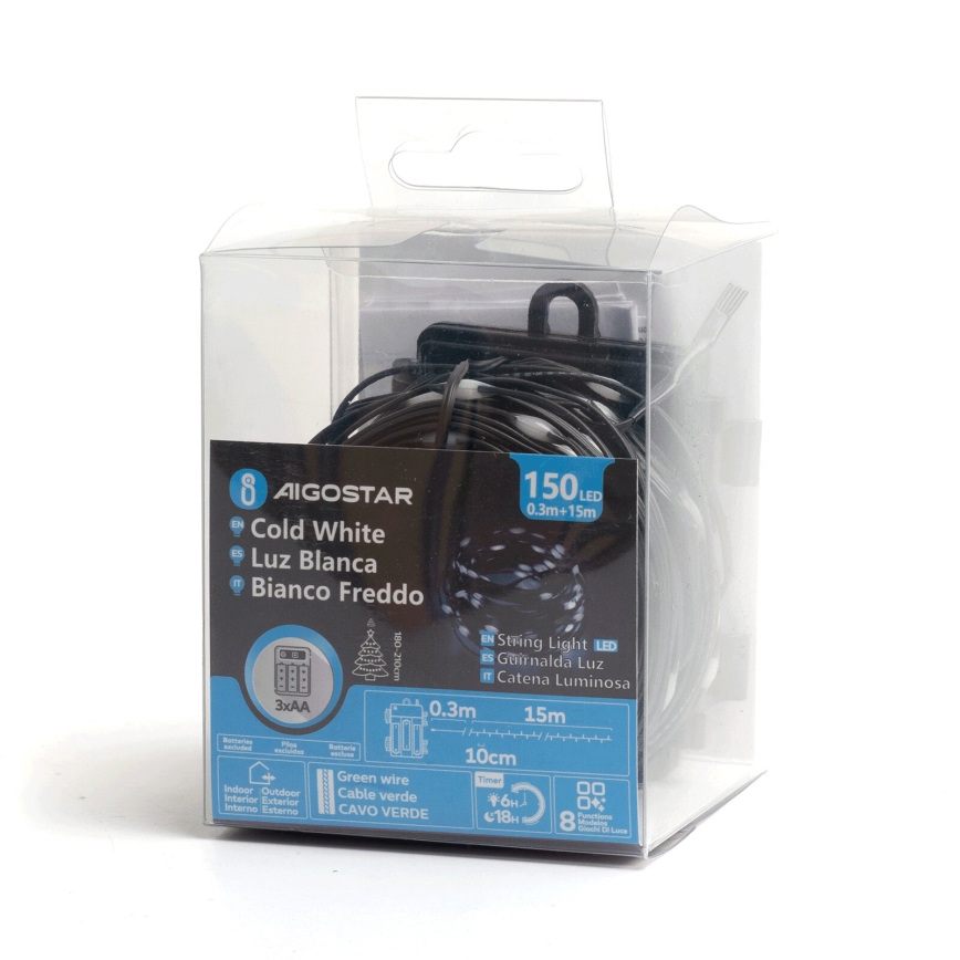 Aigostar - LED julkedja för utomhusbruk 150xLED/8 funktioner/3xAA 15,3m IP44 kall vit