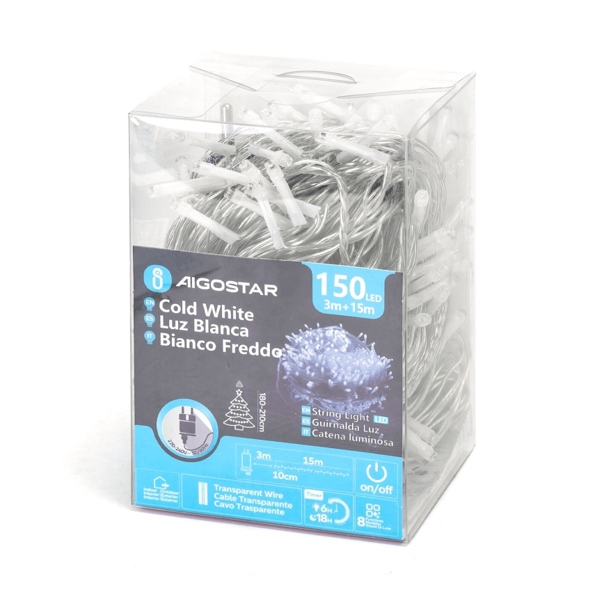 Aigostar - LED julkedja för utomhusbruk 150xLED/8 funktioner 18m IP44 kall vit