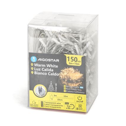 Aigostar - LED julkedja för utomhusbruk 150xLED/8 funktioner 18m IP44 varm vit