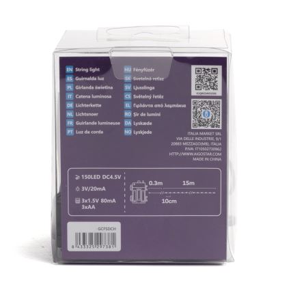 Aigostar -LED julkedja för utomhusbruk 150xLED/8 funktioner 3xAA 15,3m IP44 Flerfärgad