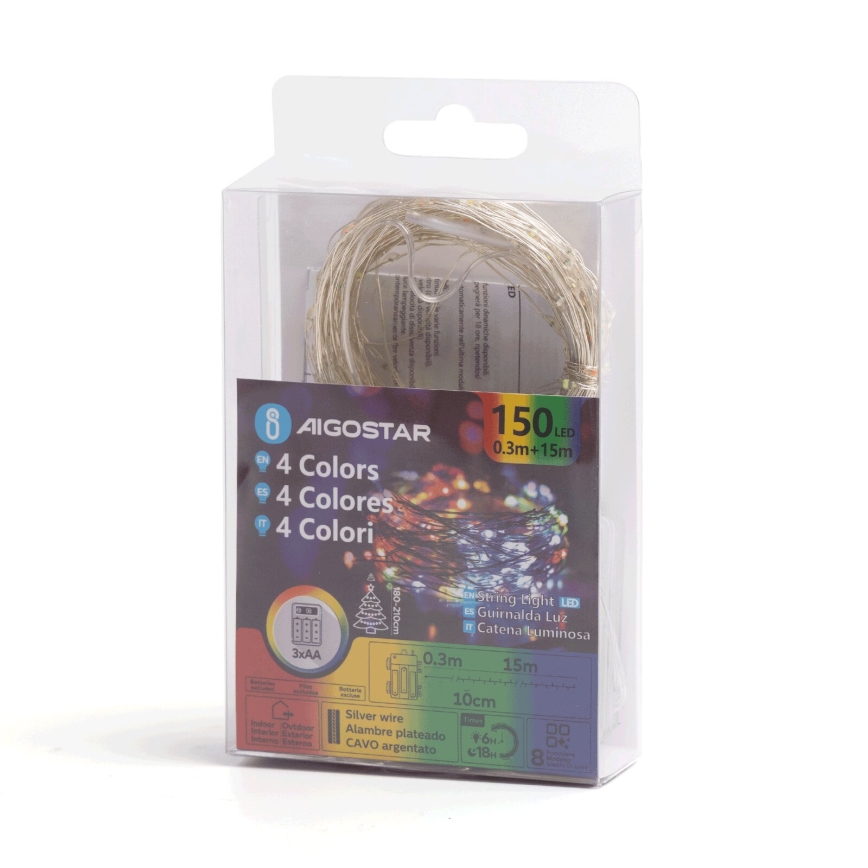 Aigostar - LED julkedja för utomhusbruk 150xLED/8 funktioner/3xAA 15,3m IP44 Flerfärgad
