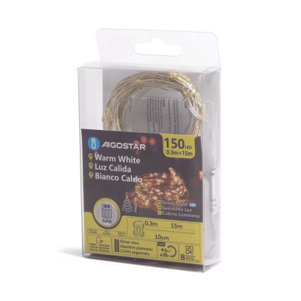Aigostar -LED julkedja för utomhusbruk 150xLED/8 funktioner 3xAA 15,3m IP44 varm vit