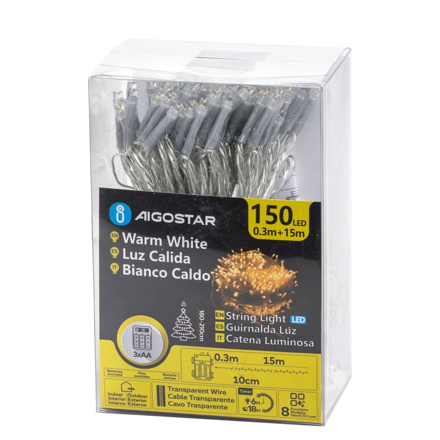 Aigostar -LED julkedja för utomhusbruk 150xLED/8 funktioner 3xAA 15,3m IP44 varm vit