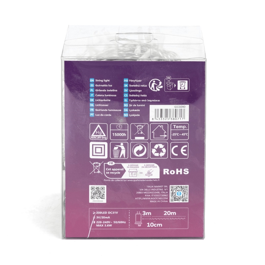 Aigostar - LED julkedja för utomhusbruk 200xLED/8 funktioner 23m IP44 kall vit