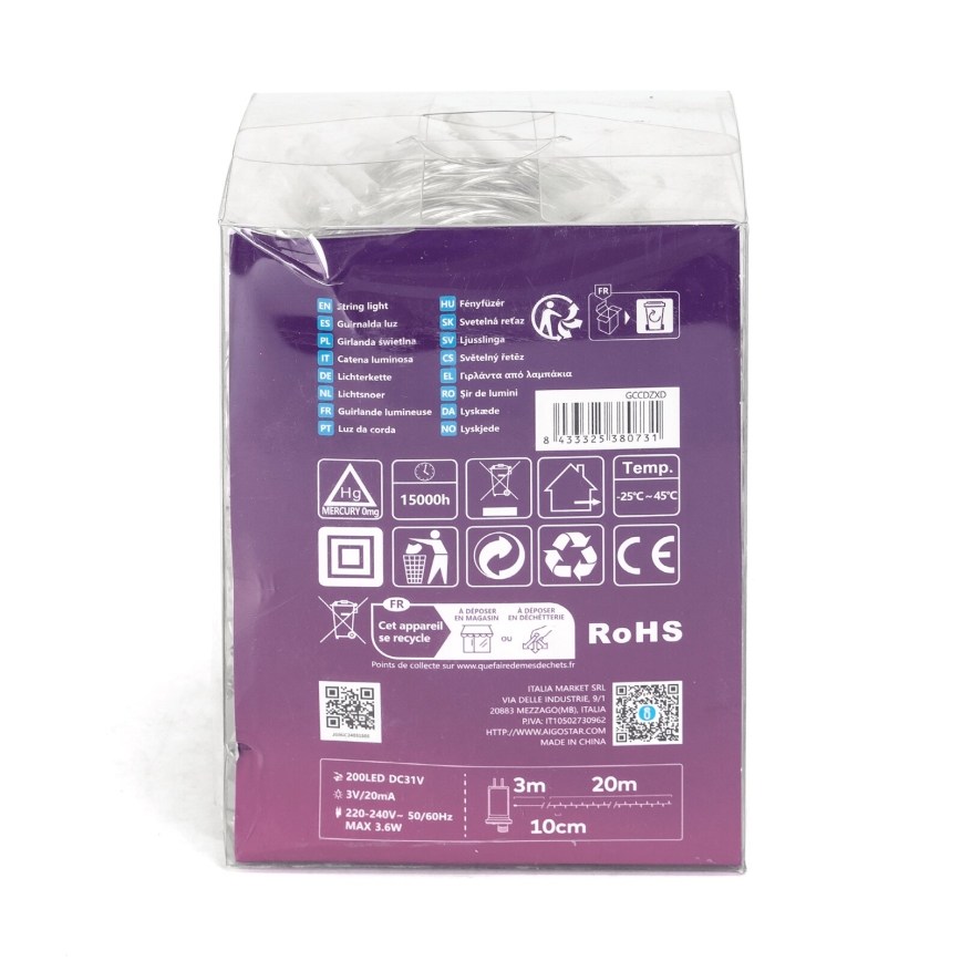 Aigostar - LED julkedja för utomhusbruk 200xLED/8 funktioner 23m IP44 varm vit