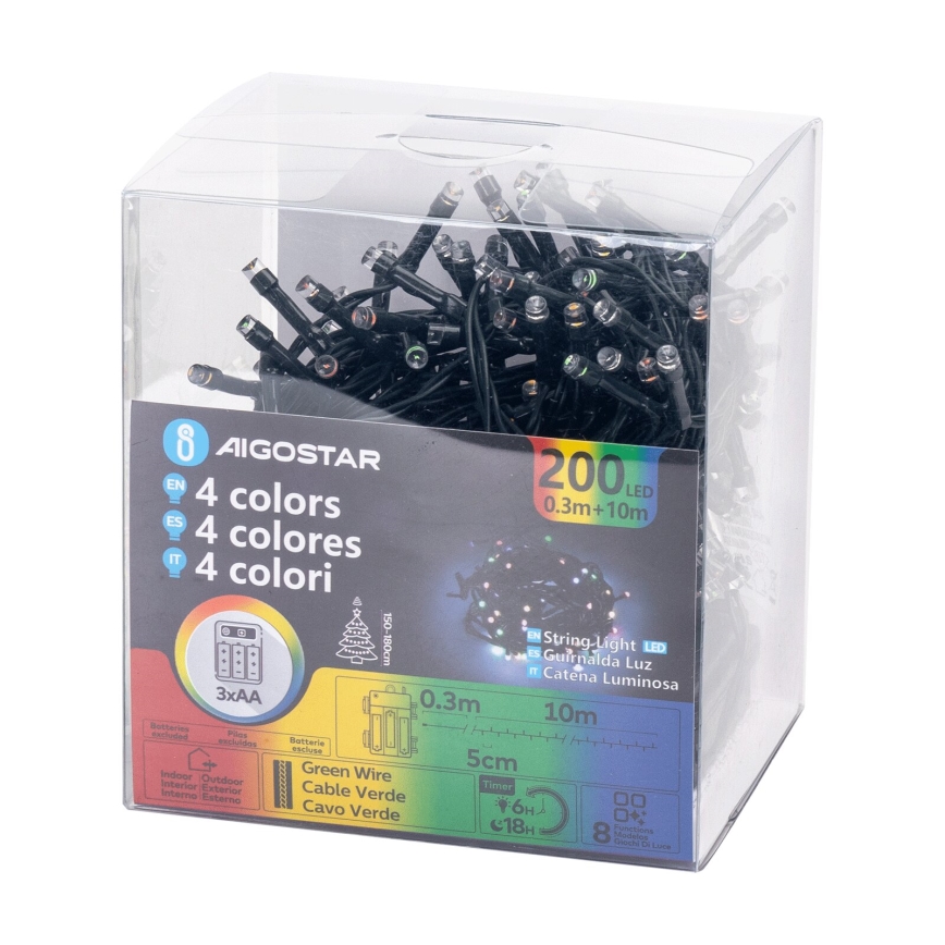 Aigostar -LED julkedja för utomhusbruk 200xLED/8 funktioner 3xAA 10,3m IP44 Flerfärgad