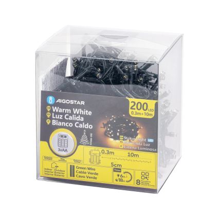 Aigostar - LED julkedja för utomhusbruk 200xLED/8 funktioner 3xAA 10,3m IP44 varm vit