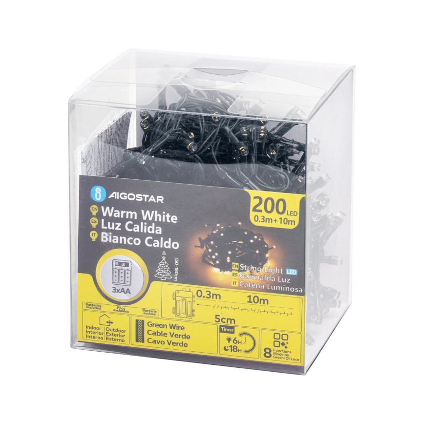 Aigostar - LED julkedja för utomhusbruk 200xLED/8 funktioner 3xAA 10,3m IP44 varm vit