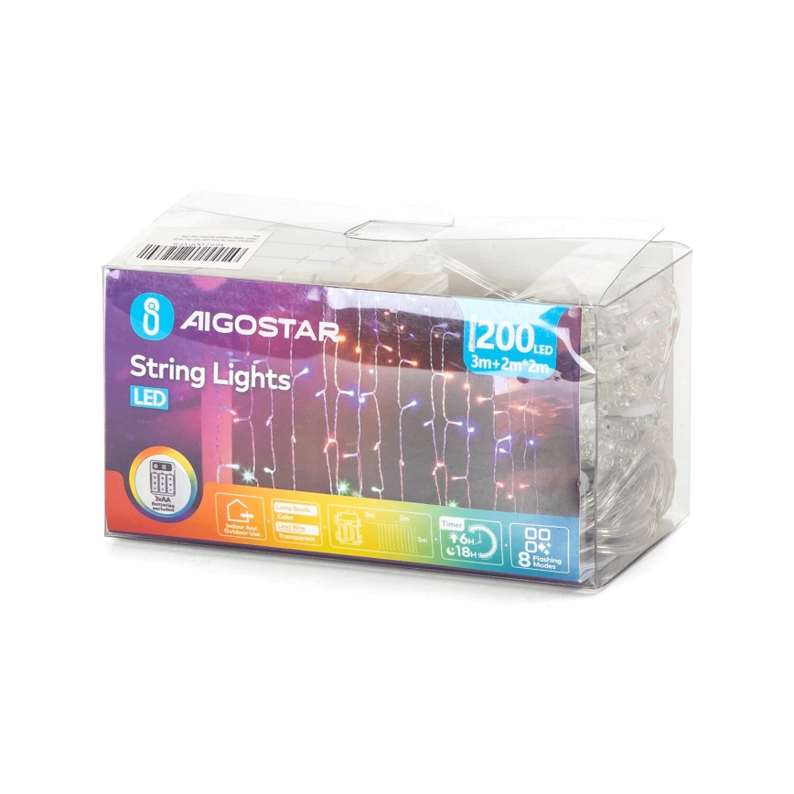 Aigostar - LED julkedja för utomhusbruk 200xLED/8 funktioner 3xAA 5x2m IP44 Flerfärgad