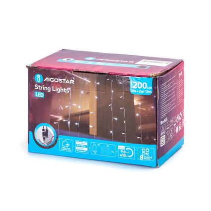 Aigostar - LED julkedja för utomhusbruk 200xLED/8 funktioner 5x2m IP44 kall vit