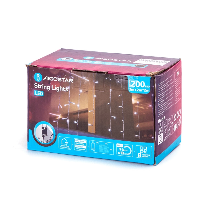 Aigostar - LED julkedja för utomhusbruk 200xLED/8 funktioner 5x2m IP44 kall vit