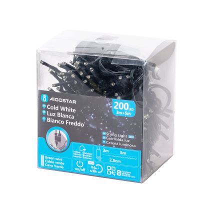Aigostar - LED julkedja för utomhusbruk 200xLED/8 funktioner 8m IP44 kall vit