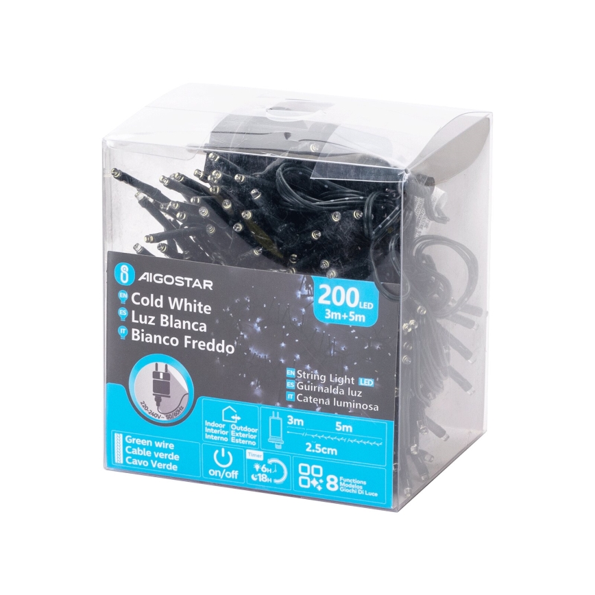Aigostar - LED julkedja för utomhusbruk 200xLED/8 funktioner 8m IP44 kall vit