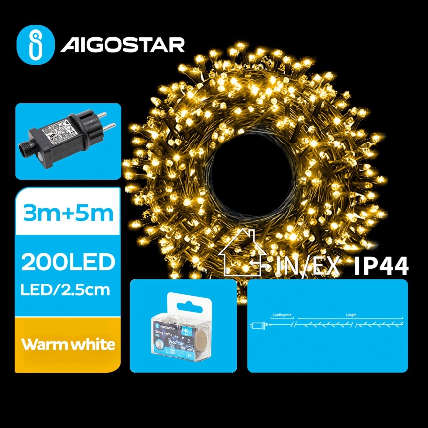 Aigostar - LED julkedja för utomhusbruk 200xLED/8 funktioner 8m IP44 varm vit