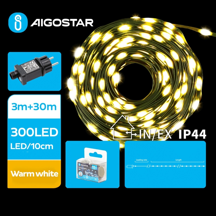 Aigostar - LED julkedja för utomhusbruk 300xLED/8 funktioner 33m IP44 varm vit