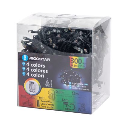 Aigostar -LED julkedja för utomhusbruk 300xLED/8 funktioner 3xAA 15,3m IP44 Flerfärgad
