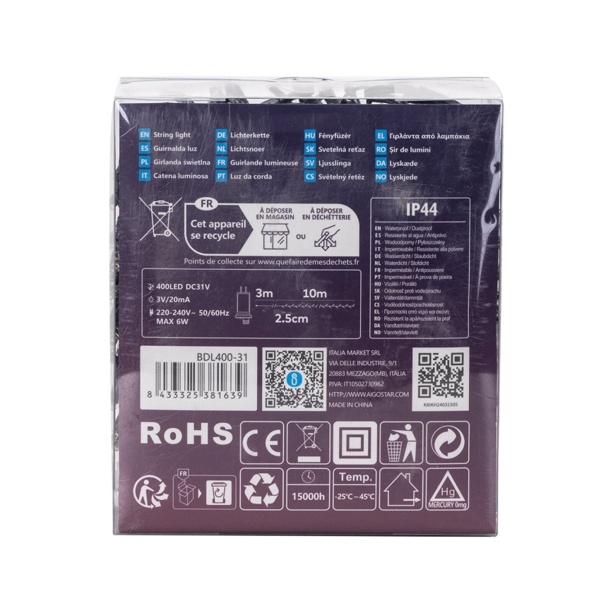 Aigostar - LED julkedja för utomhusbruk 400xLED/8 funktioner 13m IP44 kall vit