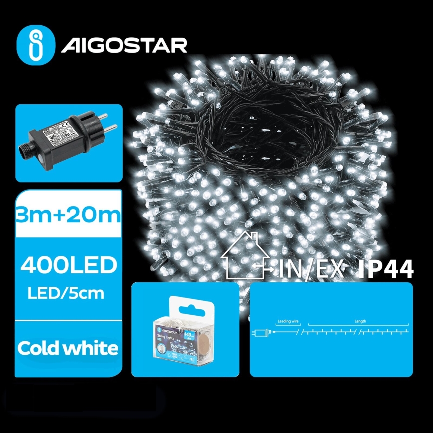 Aigostar - LED julkedja för utomhusbruk 400xLED/8 funktioner 23m IP44 kall vit
