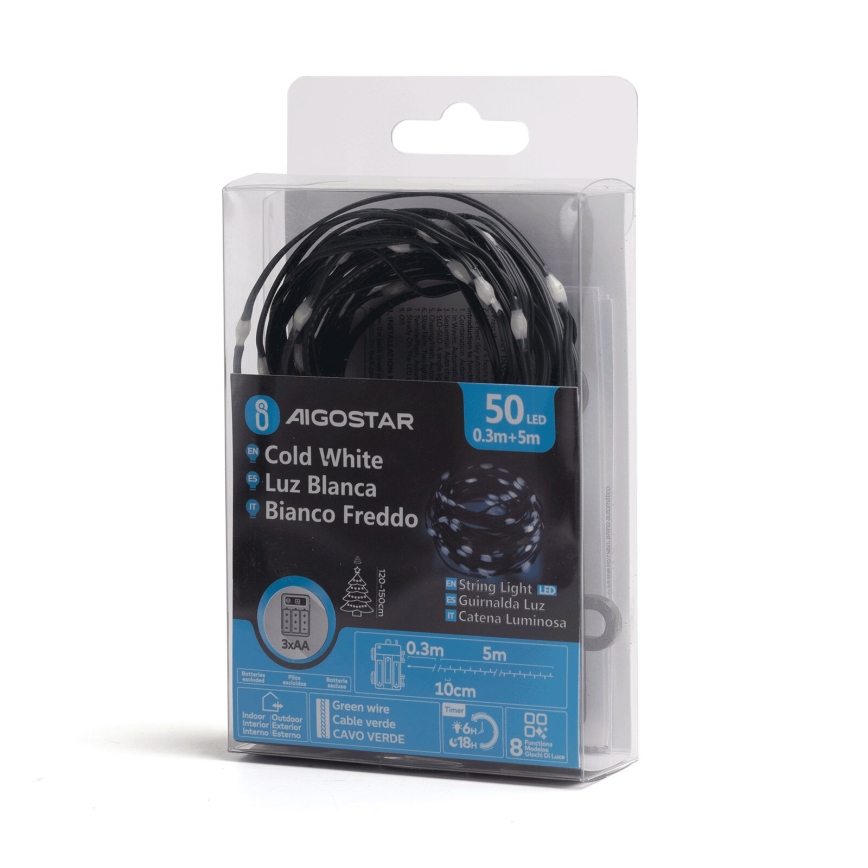 Aigostar -LED julkedja för utomhusbruk 50xLED/8 funktioner 3xAA 5,3m IP44 kall vit