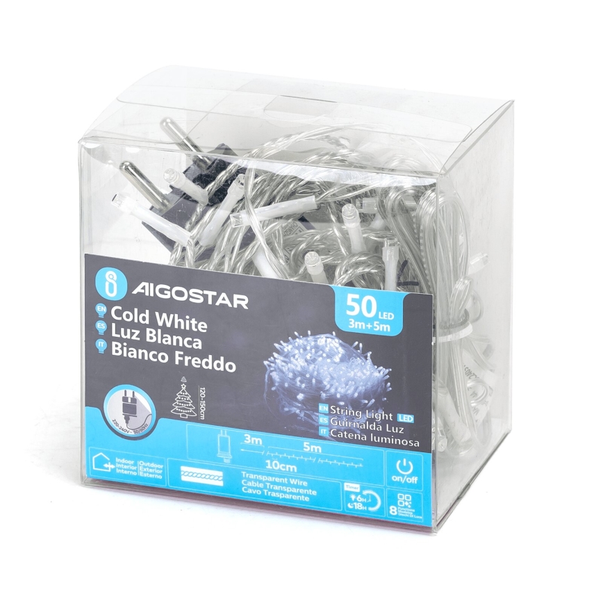 Aigostar - LED julkedja för utomhusbruk 50xLED/8 funktioner 8m IP44 kall vit