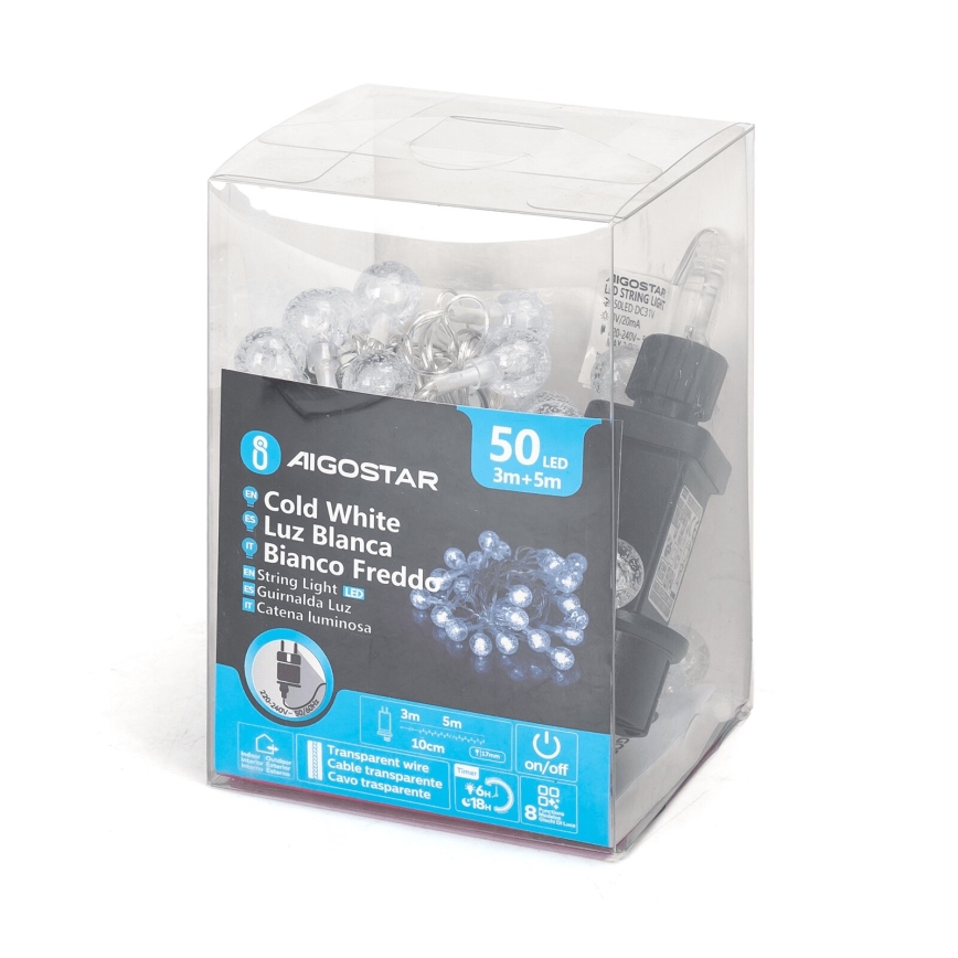 Aigostar - LED julkedja för utomhusbruk 50xLED/8 funktioner 8m IP44 kall vit
