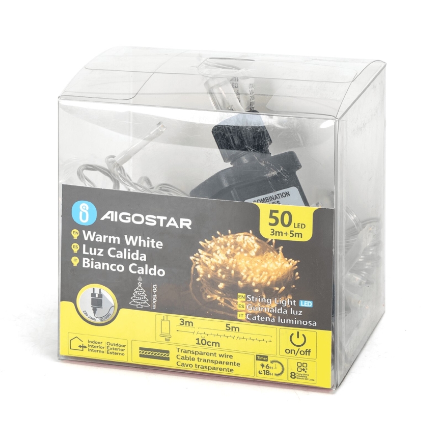 Aigostar - LED julkedja för utomhusbruk 50xLED/8 funktioner 8m IP44 varm vit