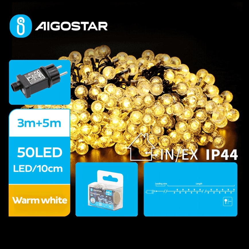 Aigostar - LED julkedja för utomhusbruk 50xLED/8 funktioner 8m IP44 varm vit
