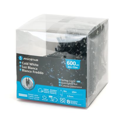 Aigostar - LED julkedja för utomhusbruk 600xLED/8 funktioner 18m IP44 kall vit