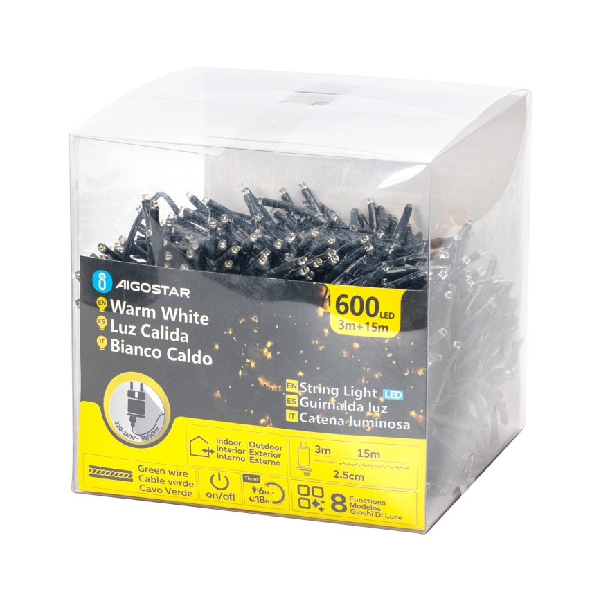 Aigostar - LED julkedja för utomhusbruk 600xLED/8 funktioner 18m IP44 varm vit