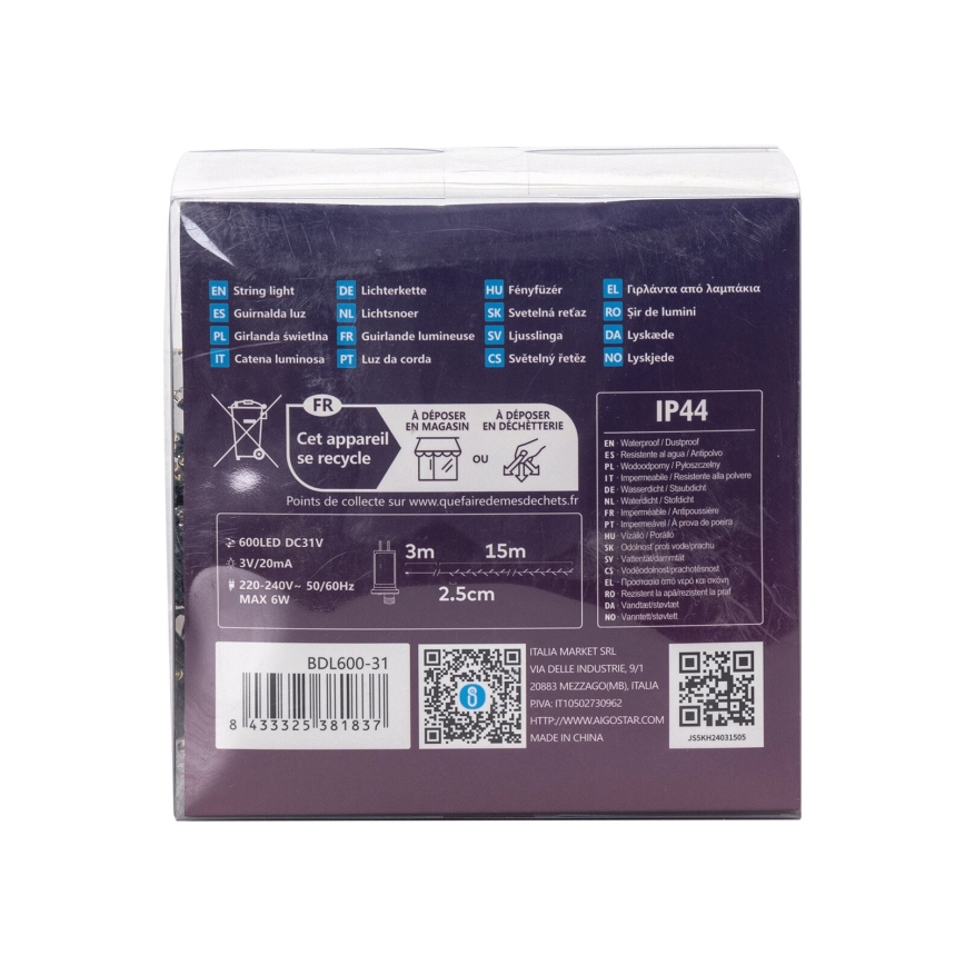Aigostar - LED julkedja för utomhusbruk 600xLED/8 funktioner 18m IP44 varm vit