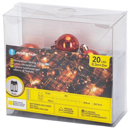 Aigostar - LED-julslinga 20xLED/3xAA 2m varmvit