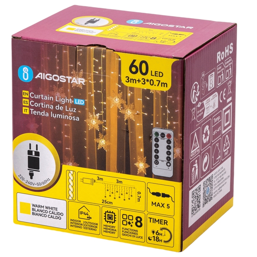 Aigostar - LED utomhus julbelysning 120xLED/8 funktioner 3x0,7m IP44 varmvit + fjärrkontroll