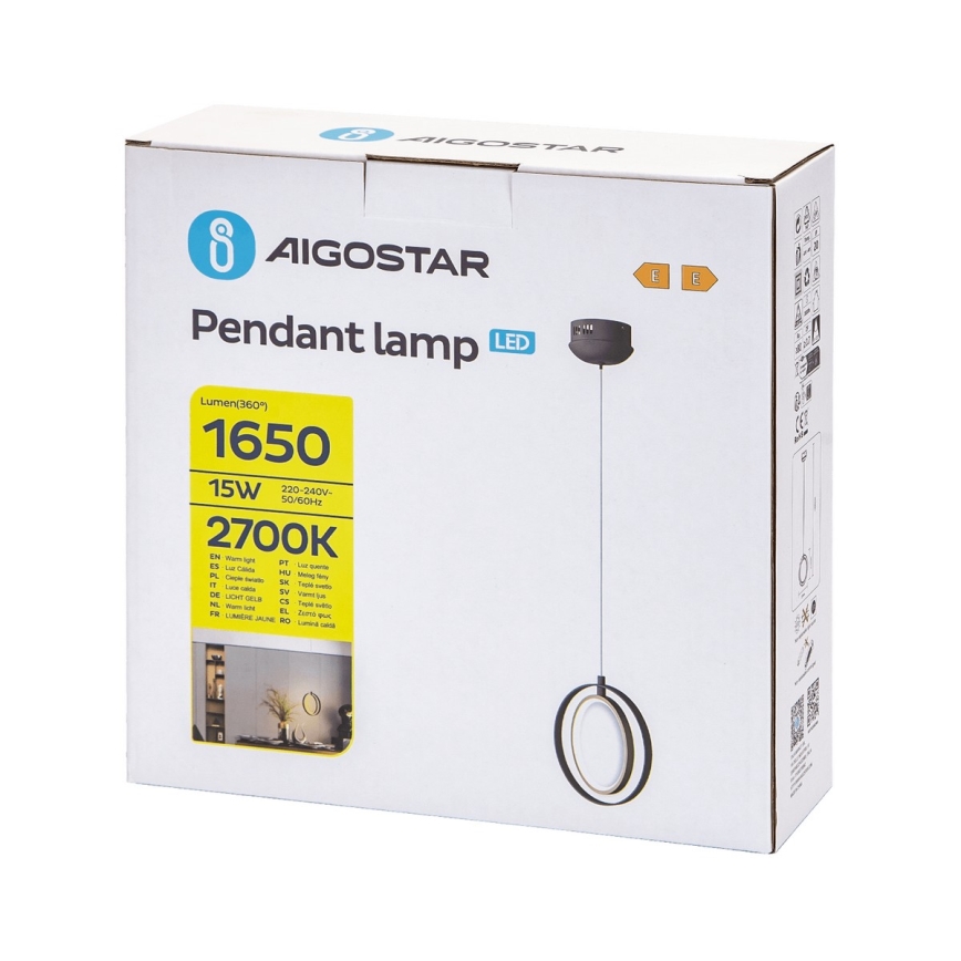 Aigostar - LED ljuskrona med textilsladd LED/15W/230V 2700K svart