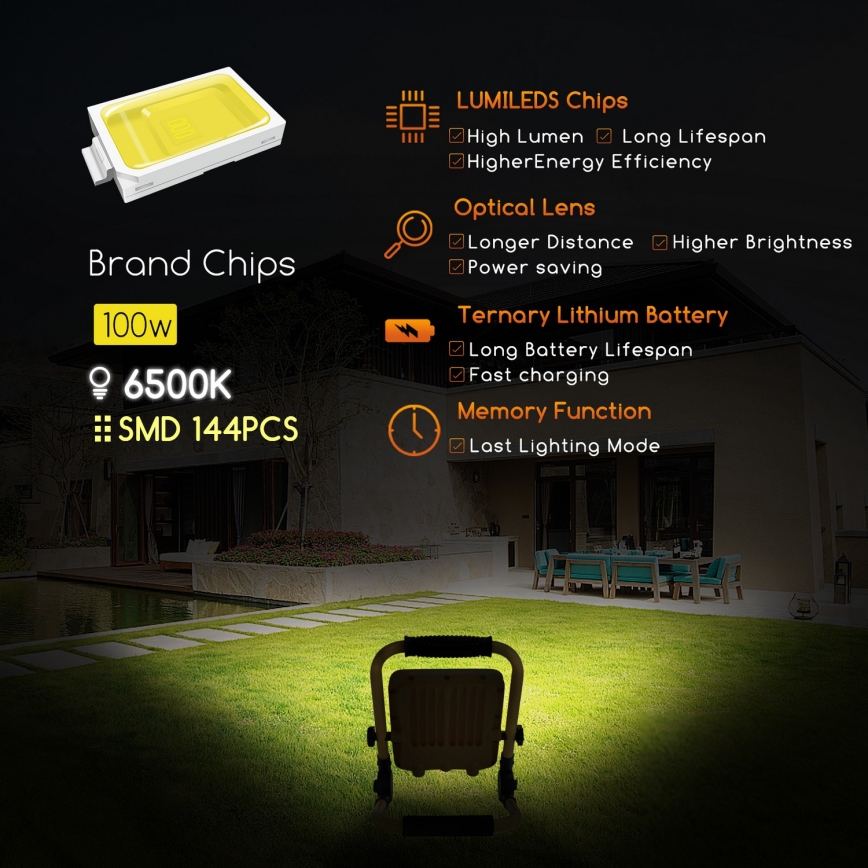 Aigostar - LED Ljusreglerad rechargeable strålkastare LED/100W/5V 6500K IP65
