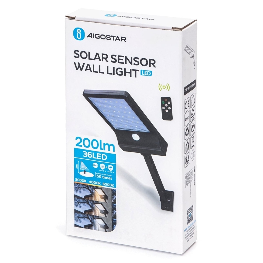 Aigostar - LED Ljusreglerad solcell lampa med sensor LED/2,3W/5,5V IP65 1800 mAh + fjärrkontroll